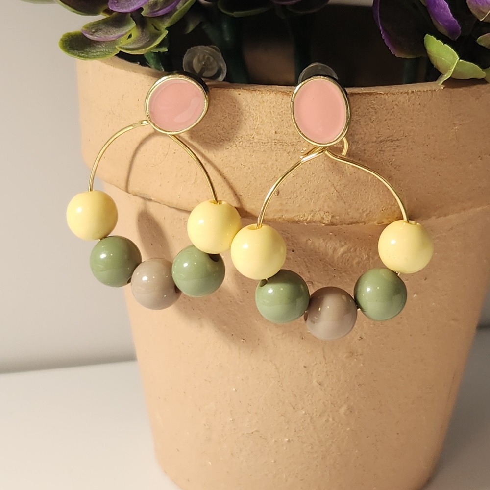Pastel Beaded Hoop Drop Earrings Gold Tone Multi Color Pink Green Yellow Boho